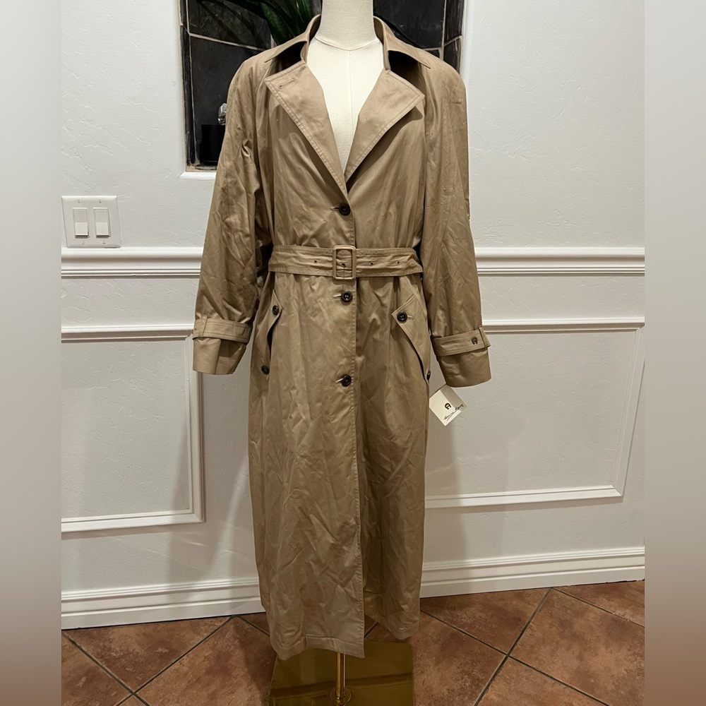 Etienne Aigner Vintage Trench Coat Camel Long Collared Double Breasted Size 10